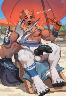 5_fingers abs animal_genitalia animal_penis anthro areola bag balls beach beverage biceps blush canine_genitalia canine_penis chair clothing container cup dialogue drinking_glass duo feet fingers fur furniture genitals glass glass_container glass_cup hair half-erect hat headgear headwear holding_container holding_cup holding_object knot male muscular muscular_anthro muscular_male navel navel_piercing nipple_piercing nipples nude open_mouth outside pecs penis piercing profanity sand scared seaside sitting spread_legs spreading tail text toes umbrella white_body white_fur poofroom pyro29 arctic_wolf avian bird canid canine canis gull lari larid mammal wolf absurd_res digital_media_(artwork) english_text hi_res