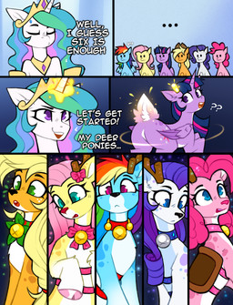 accessory antlers bell bell_collar black_nose blonde_hair blue_body blue_eyes blue_fur bodily_fluids bow_collar bow_ribbon collar countershade_face countershade_tail countershade_torso countershading crown cutie_mark dialogue ellipsis eyelashes eyes_closed female feral fur green_eyes group hair hair_accessory hair_bow hair_ribbon headgear holidays hooves horn jingle_bell jingle_bell_collar magenta_eyes magic markings mistletoe multicolored_hair orange_body orange_fur pink_body pink_fur pink_hair pink_nose plant purple_body purple_eyes purple_fur purple_hair question_mark rainbow_hair red_nose ribbons saddle scut_tail short_tail silver_bell_(object) species_transformation spots spotted_markings sweat sweatdrop tail teal_eyes text tiara transformation white_body white_fur wings yellow_body yellow_fur buvanybu christmas friendship_is_magic hasbro my_little_pony mythology applejack_(mlp) fluttershy_(mlp) pinkie_pie_(mlp) princess_celestia_(mlp) rainbow_dash_(mlp) rarity_(mlp) twilight_sparkle_(mlp) deer earth_pony equid equine horse mammal mythological_creature mythological_equine new_world_deer pegasus pony reindeer unicorn winged_unicorn 2025 absurd_res comic english_text hi_res
