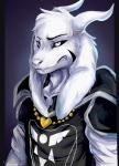 anthro biped black_sclera clothed clothing fangs front_view fully_clothed fur hair heart_symbol horn jewelry long_ears male necklace solo teeth text white_body white_eyes white_fur leokatana undertale undertale_(series) asriel_dreemurr_(god_form) boss_monster_(undertale) bovid caprine mammal 2015 digital_media_(artwork) english_text half-length_portrait portrait