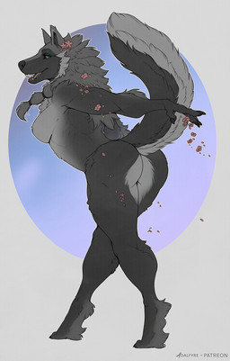 accessory anthro blue_eyes breasts butt claws female finger_claws flower flower_in_hair foot_tuft fur grey_body grey_fur hair hair_accessory hair_tie heel_tuft nude nude_anthro nude_female open_mouth paws petals plant pointy_ears pose prick_ears raised_tail side_view solo standing tail teeth text tuft adalfyre mythology eleniel canid canine mammal mythological_canine mythological_creature werecanid werecanine werecreature werewolf artist_name digital_media_(artwork) hi_res