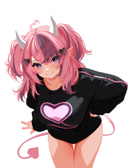 accessory black_clothing black_shirt black_topwear blush bottomless breasts clothed clothing female hair hair_accessory horn humanoid_pointy_ears leaning leaning_forward looking_at_viewer not_furry pointy_ears purple_eyes shirt simple_background smile solo spade_tail tail topwear white_background sansha_art vshojo vtuber ironmouse demon demon_humanoid humanoid 2025 digital_media_(artwork) hi_res