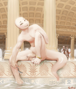 4_toes anklet anthro architecture balls bath bathhouse classical_architecture clothed clothed/nude clothing exhibitionism feet foreskin genitals green_eyes group half-erect humanoid_genitalia humanoid_penis inside jewelry male navel nipples nude only_one_nude outdoor_nudity partially_retracted_foreskin penis plantigrade public public_erection public_nudity roman sitting solo_focus tail text toes trio wet wet_body white_body sunhuiz arrius_(sunhuiz) lizard reptile scalie hi_res latin_text