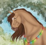 brown_eyes christmas_lights facial_markings female feral hair head_markings leaf looking_at_viewer markings solo tan_body tan_hair darkmydak pearl_(wasen) equid equine horse mammal digital_media_(artwork) hi_res