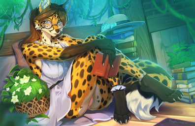 anthro biped book breasts claws clothed clothed_anthro clothed_female clothing eyewear feet female fingers front_view fur glasses hair hat headgear headwear inside looking_at_viewer plant sitting smile solo spots toes purplelemons kira_(roidh) canid canine cheetah felid feline fox hybrid mammal 2026 digital_drawing_(artwork) digital_media_(artwork) hi_res