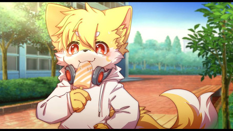 anthro big_eyes biped clothing electronics food fur headgear headphones headset hoodie kemono male orange_eyes popsicle slim_anthro slim_male solo topwear white_body white_clothing white_fur white_hoodie white_topwear yellow_body yellow_fur hlg7777 canid canine fox mammal 2021