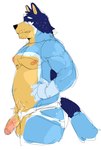 anthro balls blue_body blue_fur clothing fur genitals grin humanoid_genitalia humanoid_penis jockstrap looking_at_viewer male muscular muscular_male nipples pecs penis simple_background slightly_chubby smile solo underwear yellow_body yellow_fur artxtcy bluey_(series) bandit_heeler australian_cattle_dog canid canine canis cattledog domestic_dog herding_dog mammal pastoral_dog sketch