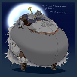 anthro armor belly big_belly claws clothed clothing dialogue fangs fur grey_body grey_fur hand_on_belly huge_belly hyper hyper_belly looking_at_viewer male melee_weapon morbidly_obese morbidly_obese_anthro morbidly_obese_male navel obese obese_anthro obese_male open_mouth overweight overweight_anthro overweight_male solo standing sword sword_on_back teeth text weapon weapon_on_back hectorthewolf elden_ring fromsoftware blaidd_(elden_ring) canid canine canis mammal wolf 1:1 2022 english_text hi_res
