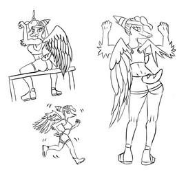 accessory anthro bottomwear butt clothed clothing crossgender exercise exercise_clothing exercise_equipment feathered_wings feathers female flexing half-shaved_head headband hotpants long_snout looking_at_viewer looking_back multiple_poses pose rear_view running shorts sitting snout solo wings unknown_artist cavemanon_studios goodbye_volcano_high ko_op_(game_developer) snoot_game naser_(gvh) prehistoric_species pterosaur reptile scalie monochrome sketch