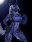 abs anthro blue_body blue_fur ear_piercing eyewear female fist fitness fur goggles hair hand_on_hip leaning muscular muscular_anthro muscular_female piercing raised_arm raised_fist raised_hand solo tail white_hair krinkels cyera canid canine canis domestic_dog mammal 2013