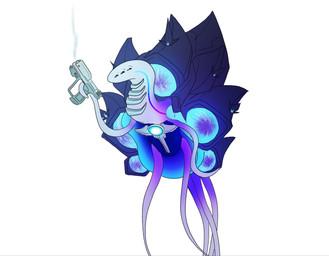 6_eyes ambiguous_gender blue_body floating gun handgun holding_gun holding_object holding_ranged_weapon holding_weapon multi_eye narrowed_eyes pistol purple_body ranged_weapon simple_background smoke smoking_gun solo tentacles weapon lady_ahiru halo_(series) microsoft xbox_game_studios alien huragok colored hi_res