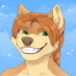 ambiguous_gender anthro fangs front_view fur glistening glistening_eyes green_eyes grin hair inner_ear_fluff looking_aside orange_body orange_fur orange_hair smile solo tan_body tan_fur tan_inner_ear_fluff teeth tuft corzh77 canid mammal 1:1