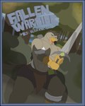 4:5 5_fingers abs absurd_res anthro avian bandage bandaged_arm bandaged_leg beak clothed clothing cover cover_art cover_page english_text fingers forest green_eyes hi_res huskrblight male melee_weapon muscular muscular_male offscreen_character plant shadow silhouette solo sword text topless tree weapon