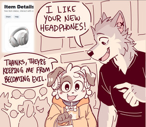 anthro black_clothing black_shirt black_t-shirt black_topwear blush cheek_tuft clothing collar_tag countershade_face countershading cute_fangs dialogue dipstick_ears duo ear_markings electronics facial_tuft fangs floppy_ears gesture gloves_(marking) hand_gesture head_tuft headgear headphones holding_bag holding_object hoodie looking_at_another male markings multicolored_ears orange_clothing orange_hoodie orange_topwear pointing pointing_at_another screencap shirt size_difference smaller_male smile speech_bubble spotted_face t-shirt teeth text topwear tuft young spudnikmutt background_character rookie_(spudnikmutt) spudnik_(spudnikmutt) canid canine canis chihuahua domestic_dog mammal toy_dog wolf english_text adult_(lore)