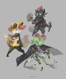 action_pose ambiguous_gender anthro biped black_body black_fur blue_eyes brown_eyes cape closed_smile clothing fingers fluffy fluffy_tail fur green_body green_hair grey_background grey_text group gun hair hair_over_eye hat headgear headwear holding_gun holding_object holding_ranged_weapon holding_weapon inner_ear_fluff jacket mouth_closed one_eye_obstructed open_mouth open_smile orange_eyes pose ranged_weapon red_inner_ear_fluff shooting simple_background smile standing tail text topwear trio tuft weapon white_body yellow_body yellow_fur goblin_serf nintendo pokemon braixen generation_3_pokemon generation_5_pokemon generation_6_pokemon humanoid kirlia pokemon_(species) zorua 2025 5:6 artist_name english_text hi_res