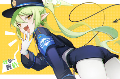 arms_bent backpack belt bent_over blue_bottomwear blue_clothing blue_hat blue_headwear blue_shirt blue_shorts blue_topwear bottomwear clothing cute_fangs dotted_background ear_piercing ear_ring fangs female flat_chested gloves green_hair hair hair_between_eyes halo hand_on_mouth handwear hat headgear headwear legwear long_hair looking_at_viewer looking_back looking_back_at_viewer open_mouth pantyhose pattern_background piercing pigtails pointy_ears prick_ears raised_tail ring_piercing shirt shorts side_view simple_background spade_tail speech_bubble tail teeth text topwear whistle_(object) white_clothing white_gloves white_handwear white_legwear white_pantyhose white_shirt white_topwear yellow_eyes young young_female young_humanoid bolo_bingo blue_archive nexon nozomi_(blue_archive) demon demon_humanoid humanoid tailed_humanoid absurd_res hi_res translation_request