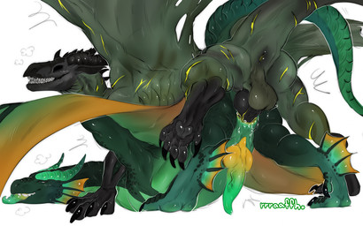 anal anal_penetration anus balls black_anus black_claws black_horn black_knot butt claws duo feral genitals green_horn green_penis horn knot looking_pleasured male male/male orange_knot orange_penis penetration penis perineum teeth yellow_anus rrraaffh mythology dragon mythological_creature mythological_scalie scalie hi_res