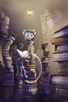 anthro barefoot book clothed clothing dipstick_tail eyelashes eyewear feet female fur glasses green_body green_fur green_hair hair library looking_at_viewer markings pink_nose purple_eyes sitting solo tail tail_markings tower_of_books david_lillie dreamkeepers lilith_calah domestic_cat felid feline felis mammal 2020 2:3 full-length_portrait hi_res official_art portrait