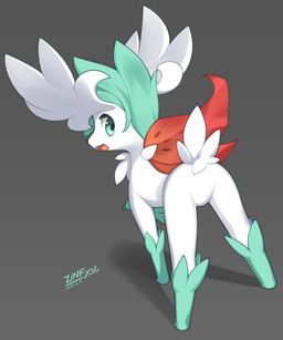 ambiguous_feral ambiguous_gender black_nose butt eyelashes featureless_crotch feral fur green_body green_eyes green_fur green_hair grey_background hair horn looking_at_viewer looking_back looking_back_at_viewer multicolored_body multicolored_fur open_mouth open_smile pupils quadruped rear_view shadow simple_background smile smiling_at_viewer solo standing tail three-quarter_view tongue white_body white_fur white_tail zinfyu nintendo pokemon generation_4_pokemon legendary_pokemon pokemon_(species) shaymin shiny_pokemon sky_forme_shaymin 2024 absurd_res dated digital_media_(artwork) full-length_portrait hi_res portrait