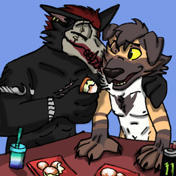 anthro beverage duo ear_piercing floppy_ears food furniture hand_on_shoulder lgbt_pride male male/male monster_energy_can nipples nuzzling pastry piercing pride_colors romantic romantic_couple scar table vincian_pride_colors wristband onikuma_(artist) canid canine canis domestic_dog german_shepherd herding_dog mammal pastoral_dog skulldog_(species) 1:1 low_res