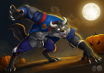 abs anthro bodily_fluids bottomwear bulge claws clothed clothing drooling empty_eyes fangs finger_claws food fruit fur grey_body grey_fur horn jacket jockstrap looking_at_viewer male male_anthro moon muscular muscular_anthro muscular_male open_clothing open_jacket open_mouth open_topwear pants pecs pink_tongue plant pumpkin saliva solo teeth toe_claws tongue topwear torn_bottomwear torn_clothing torn_jacket torn_pants underwear white_claws white_clothing white_eyes white_horn white_jockstrap white_underwear hufnaar mythology canid canine mammal mythological_canine mythological_creature werecanid werecanine werecreature werewolf