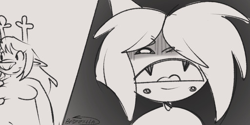 3_fingers 4_fingers ambiguous_gender anthro antlers breast_grab breasts duo embarrassed facial_piercing female fingers grope hand_on_breast hooves horn lip_piercing piercing shocked slightly_chubby snakebite_piercing batzzilla batz nova_(bathtubfulloftoast) deer demon mammal absurd_res greyscale hi_res monochrome sketch