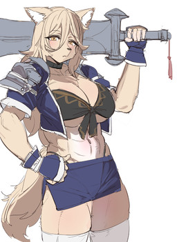 abs anthro armor bandeau big_breasts blonde_hair bottomwear breasts cleavage clothed clothing eyebrows eyelashes female hair legwear melee_weapon microskirt midriff miniskirt muscular muscular_anthro muscular_female pauldron skirt solo sword tail thick_thighs thigh_highs thong_straps topwear under_boob weapon wide_hips yellow_eyes bow_(artist) canid canine fox mammal 2025 hi_res