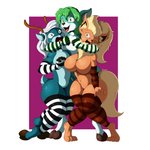 4_toes 5_fingers anthro antlers armwear breasts clothing eyebrows feet female femboy fingers green_eyes green_hair group hair horn inner_ear_fluff legwear male one_eye_closed open_mouth pattern_armwear pattern_clothing simple_background striped_armwear striped_clothing stripes toes tuft conditional_dnp suirano nintendo pokemon fiann_croiatlas flarita servie_frostdeer eeveelution flareon generation_1_pokemon mammal pokemon_(species) 1:1 2020 digital_media_(artwork) hi_res signature