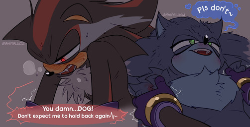 angry anthro bedroom_eyes bite blood blush blush_lines bodily_fluids breath duo fangs fur hands_on_shoulders male male/male narrowed_eyes panting seductive shoulder_bite speech_bubble sweat sweatdrop teeth text yelling yelling_at_another shipslucia sega sonic_the_hedgehog_(series) sonic_unleashed shadow_the_hedgehog sonic_the_hedgehog sonic_the_werehog eulipotyphlan hedgehog mammal vampire werecreature wereeulipotyphlan werehog hi_res