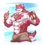 abs anthro beverage body_hair bulge chest_hair chest_tuft fur male muscular muscular_anthro muscular_male nipples pubes red_body red_fur solo tuft kalonezhno knights_college diederich_olsen canid canine mammal hi_res