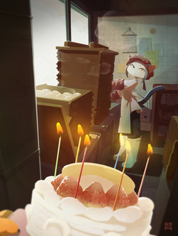 anthro appliance apron black_tail boots box cake candle clothed clothing container dessert detailed_background female food footwear fruit fur gloves handwear hat headgear headwear kitchen kitchen_appliance plant shoes solo standing steamed_bun strawberry tail white_body white_fur yellow_eyes fu_go_fu_go felid feline felis mammal hi_res