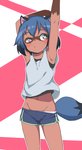 aged_down anthro athletic_wear blue_hair bottomwear brown_body brown_fur clothed clothing dipstick_tail dolphin_shorts female fur gym_bottomwear gym_shorts hair kemono markings midriff multicolored_hair navel red_eyes shorts solo standing stretching tail tail_markings young young_anthro bubukka brand_new_animal studio_trigger michiru_kagemori canid canine mammal raccoon_dog tanuki