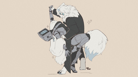 5_fingers anthro biped black_clothing blue_eyes closed_smile clothed clothing dress duo eyebrows eyelashes eyewear female fingers fluffy fluffy_tail footwear for_a_head fur glasses grey_body high_heels machine male male/female mouth_closed paws pose pupils screen screen_face shoes simple_background smile sparkles standing tail white_body white_fur auveiss matthew_graceford_(auveiss) melissa_graceford_(auveiss) canid canine humanoid mammal object_head robot screen_head 2026 hi_res