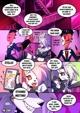 anthro building cellphone dialogue electronics female furniture genitals hell living_room male nude open_mouth phone photo pose smile sofa text vulva kato777 hellaverse helluva_boss mythology blitzo_(helluva_boss) loona_(helluva_boss) canid canid_demon canine demon hellhound imp mammal mythological_canine mythological_creature absurd_res comic hi_res