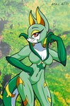 anthro big_breasts breasts claws female forest generation_5_pokemon green_body hi_res looking_at_viewer markings muscular muscular_female nikku_lunatique nintendo plant pokemon pokemon_(species) red_claws red_eyes reptile scalie serperior servine solo standing tail tree yellow_body