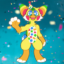 3_toes 4_fingers anthro arm_tuft beak blue_background blue_eyes blue_markings blue_tail cheek_tuft chest_tuft circle_(marking) clothing confetti elbow_tuft facial_tuft feet female fingers fluffy fluffy_tail front_view fur green_markings hat headgear headwear looking_at_viewer markings mostly_nude_anthro mostly_nude_female multicolored_body multicolored_fur open_mouth open_smile orange_beak orange_body orange_fur orange_markings party_hat pupils purple_tongue rainbow_inner_ear red_markings simple_background smile smiling_at_viewer solo sparklefur standing star_pupils tail text toes tongue triangle_(marking) triangle_pupils tuft two_tone_tail white_body white_fur white_pupils white_tail white_toes yellow_body yellow_fur cyberdaydream furby fan_character furby_(species) 1:1 2018 artist_name dated full-length_portrait portrait shaded simple_shading
