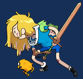 ambiguous_gender anthro backpack blonde_hair blood bodily_fluids boots bottomwear clothing dot_eyes duo feet footwear hair mechanical_arm melee_weapon micro shirt shoes shorts simple_eyes sword t-shirt tail toes toony topwear torn_clothing weapon wounded yellow_body discount-supervillain adventure_time cartoon_network finn_the_human jake_the_dog canid canine canis domestic_dog human mammal adopted_(lore) adoptive_brother_(lore) adoptive_brothers_(lore) adoptive_sibling_(lore)