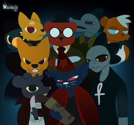 anthro clothed clothing costume eyewear female glasses group knife looking_at_viewer male severed_arm severed_body_part severed_limb simple_background smile wolfbaloo image_comics invincible_(image_comics) night_in_the_woods thragg_and_viltrumites_panel witchdagger angus_delaney bea_santello bombshell_(nitw) germ_warfare_(nitw) gregg_lee jen_(nitw) lori_meyers mae_borowski steve_scriggins avian bear canid canine domestic_cat felid feline felis mammal reptile rodent scalie 2026 digital_media_(artwork) hi_res