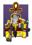 2020 absurd_res anthro canid canine chair clothed clothing dreadlocks egyptian egyptian_clothing fur furniture generation_4_pokemon gold_(metal) gold_jewelry grey_body grey_eyes grey_fur hi_res jewelry leg_wraps looking_at_viewer lucario male mammal nintendo pokemon pokemon_(species) signature simple_background sitting solo throne voxelcubed wraps