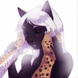ambiguous_gender anthro black_body black_fur black_lips black_nose black_spots blush breasts duo eyebrows eyelashes eyes_closed female fur hair hand_holding hand_on_face hand_on_hand holding_wrist lips markings simple_background solo_focus spots spotted_arms spotted_body spotted_fur teeth unsigned white_background white_body white_eyebrows white_fur white_hair yellow_body yellow_fur demireality felid mammal 1:1 2019