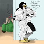 abs anthro balls beak bed bedroom_eyes big_muscles big_penis black_hair dialogue duo erection eyewear furniture genitals glasses hair heart_symbol huge_muscles huge_penis humanoid_genitalia humanoid_penis long_hair looking_at_viewer male muscular narrowed_eyes nude open_mouth pecs penis seductive smile solo_focus standing tail towel thewerebara seth_grayson avian bird falcon falconid gyrfalcon human mammal hi_res