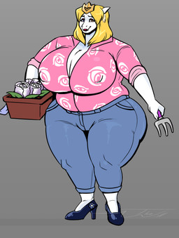 alternate_universe anthro big_breasts blonde_hair bottomwear breasts cleavage clothed clothing crossgender crown denim denim_bottomwear denim_clothing female flower footwear fur gardening_tool hair headgear high_heels huge_breasts huge_hips huge_thighs jeans mtf_crossgender nipple_outline overweight overweight_anthro overweight_female pants plant pointy_ears shirt shoes solo thick_thighs topwear white_body white_fur wide_hips sabs thewill under(her)tail undertale_(series) asgore_dreemurr assmore_derear boss_monster_(undertale) mammal
