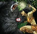 barefoot black_hair bodypaint claws clothed clothing crossgender duo face_paint feet female feral forest hair jewelry jungle necklace plant skimpy tattoo tree unknown_artist disney the_jungle_book baloo mowgli bear human mammal sloth_bear ursine hi_res