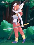 3:4 amira_o'neil anthro bandage bandaged_chest bottomwear breasts cinderace clothing female generation_8_pokemon hair hi_res melee_weapon nintendo notched_ear outside pants pokemon pokemon_(species) red_eyes red_hair renaspyro scut_tail short_tail solo sword tail weapon white_body