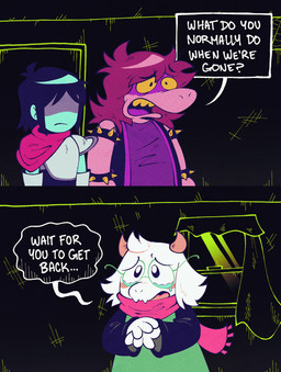 ambiguous_gender ambiguous_human anthro armband armor blue_hair blush blush_stickers bodily_fluids bracelet clothing crying dialogue eyewear female female_anthro freckles frown fur glasses group hair head_tuft horn jewelry male male_anthro pauldron pink_body purple_hair robe scarf speech_bubble spiked_armband spiked_bracelet spikes teal_body teal_skin tears teeth text trio tuft white_body white_fur window yellow_sclera yellow_teeth lumspark deltarune nickelodeon spongebob_squarepants undertale_(series) kris_dreemurr ralsei susie_(deltarune) boss_monster_(undertale) darkner human lightner mammal reptile scalie 2025 comic digital_media_(artwork) english_text hi_res