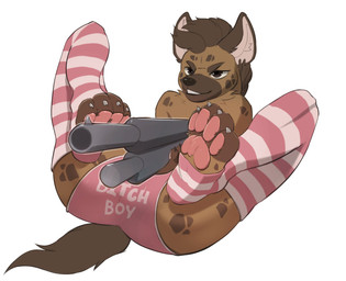 4_toes anthro black_nose brown_body brown_fur brown_spots butt claws clothed clothing feet fur gun legwear male markings pawpads paws pink_pawpads ranged_weapon simple_background smile solo spots spotted_body spotted_fur text text_on_clothing thigh_highs toe_claws toes topless weapon white_background mangoyena hyena mammal 2024 digital_media_(artwork) hi_res