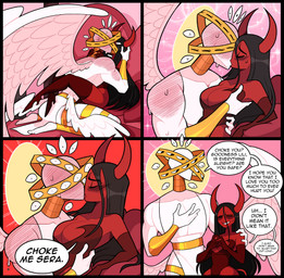 blush bodily_fluids breasts cleavage clothed clothing dialogue duo female flustered horn humor kissing male male/female multi_eye muscular muscular_female nervous nervous_smile nervous_sweat red_body red_skin romantic sweat text white_body white_skin wings idolomantises lili_(idolomantises) sera_(idolomantises) angel biblically_accurate_angel demon succubus absurd_res comic english_text hi_res