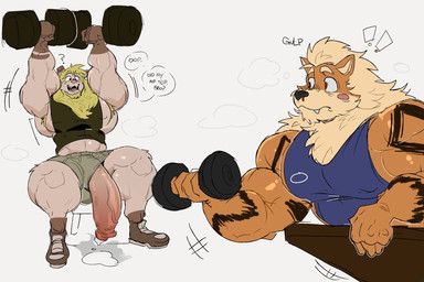 anthro balls beard big_balls big_muscles big_pecs big_penis blonde_hair blood blush bodily_fluids clothing dripping dumbbell duo exercise facial_hair fluffy fluffy_tail footwear footwear_only fur genital_fluids genitals glans gym hair huge_balls huge_penis humanoid_genitalia humanoid_penis hyper hyper_genitalia hyper_penis male mostly_nude muscular muscular_anthro muscular_male nosebleed orange_body orange_fur pecs penis penis_poking_out penis_through_leghole precum precum_drip shirt tail tank_top text topwear underwear vein veiny_penis weightlifting weights workout akachionmain nintendo pokemon arcanine canid canine generation_1_pokemon mammal pokemon_(species) english_text hi_res