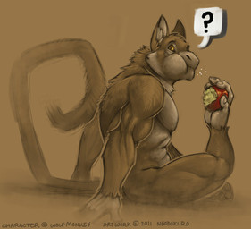 abs anthro apple biceps biped brown_body brown_fur eating feet food fruit fur looking_at_viewer male muscular muscular_anthro muscular_male nude pecs plant pose prehensile_feet question_mark sitting solo surprised tail toes yellow_eyes neodokuro wolfmonkey canid canine canis haplorhine hybrid mammal monkey primate wolf 2011