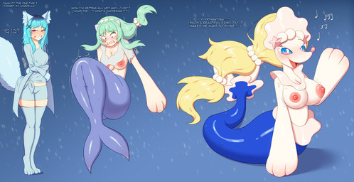 3_fingers alternate_species anthro big_breasts big_hands blonde_hair blue_body blue_hair blush breast_expansion breasts clenched_teeth dialogue expansion female fingers flipper_hands flippers fused_legs growth hair hands_to_flippers humanoid_to_anthro identity_death loss_of_speech mind_control musical_note musical_symbol nipples nose_expansion open_mouth pink_nose pokemon_speak raining simple_background singing smile snout snout_growth solo species_transformation standing surprised symbol tail teeth text three_frame_sequence transformation transformation_sequence translation_within_image wet zorym nintendo pokemon animal_humanoid aquatic canid canid_humanoid generation_7_pokemon humanoid mammal mammal_humanoid pinniped pokemon_(species) primarina shiny_pokemon 2026 absurd_res digital_media_(artwork) english_text hi_res sequence