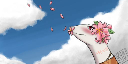anthro blue_sky blush clothing cloud day eyelashes female flower flower_in_mouth flower_on_head leaf long_neck looking_up markings neck_markings orange_clothing orange_topwear outside pattern_clothing pattern_topwear petals pink_flower pink_markings plant side_view sky smile solo topwear tribal tribal_markings white_body wind ryuichidraws overlord_(series) crusch_lulu lizard lizardman lizardman_(overlord) reptile scalie 2018 2:1 digital_media_(artwork) digital_painting_(artwork) headshot_portrait hi_res painting_(artwork) portrait shaded signature